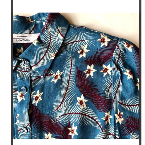 Paris Atelier & Other Stories Blue Retro Print Midi Buttons Dress Size Small - Picture 3 of 7